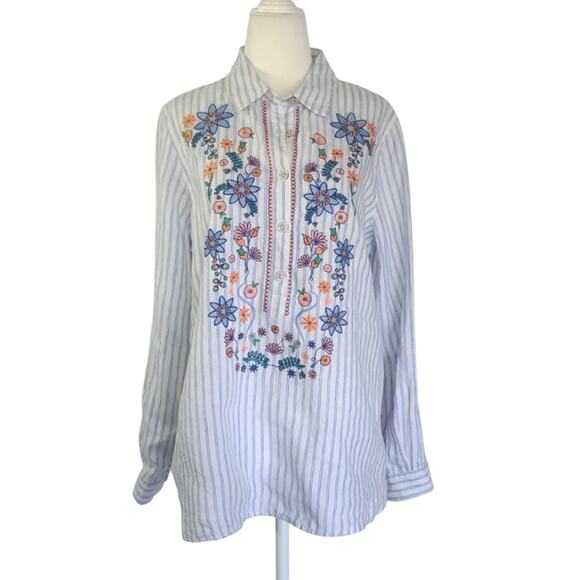 New John Mark White Blue Striped Embroidered Linen Tunic Top Medium - Picture 1 of 5